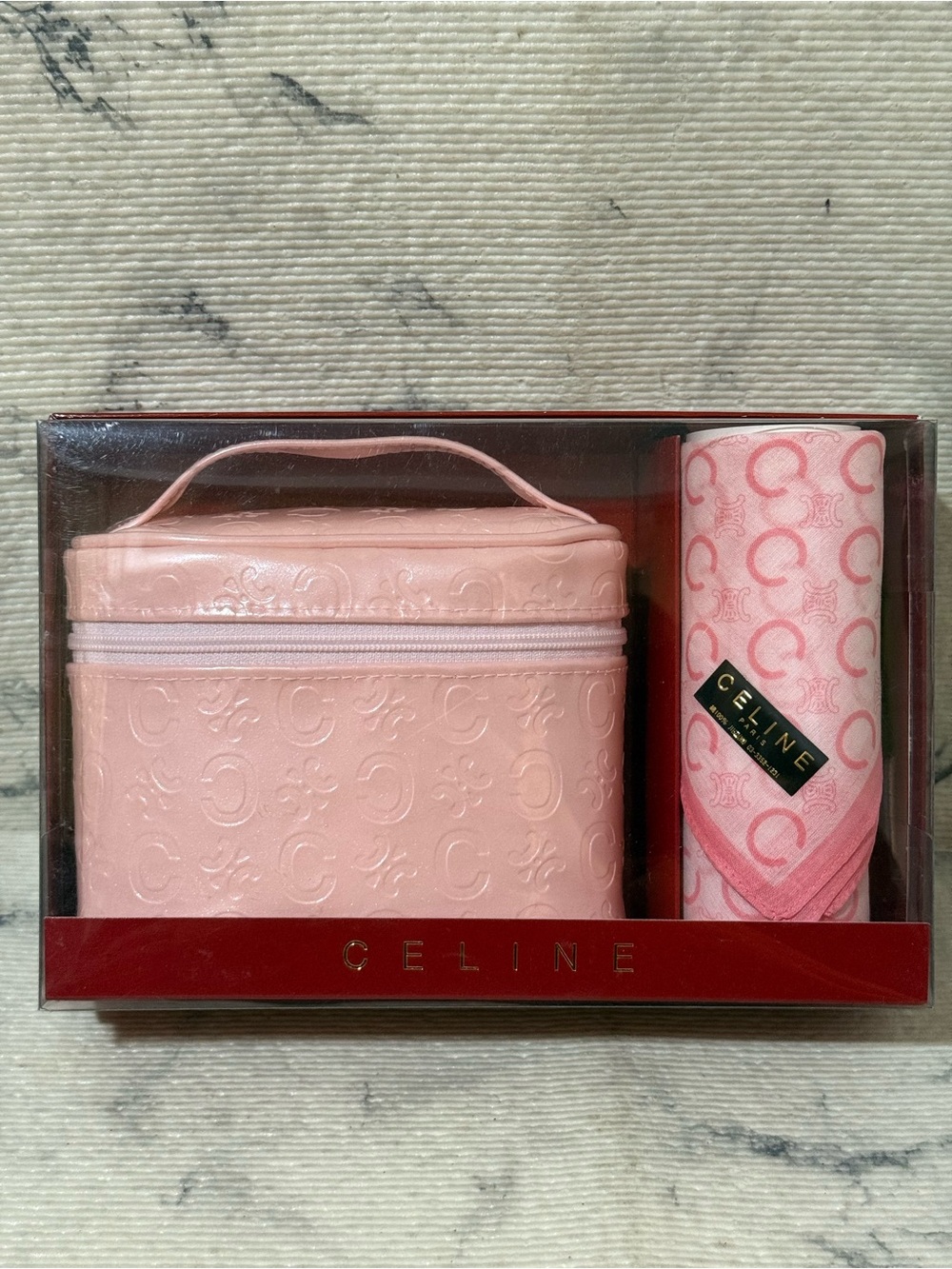 Celine Light Pink Embossed Vanity Cosmetic Case & Cotton Scarf Set - Picture 3 of 11